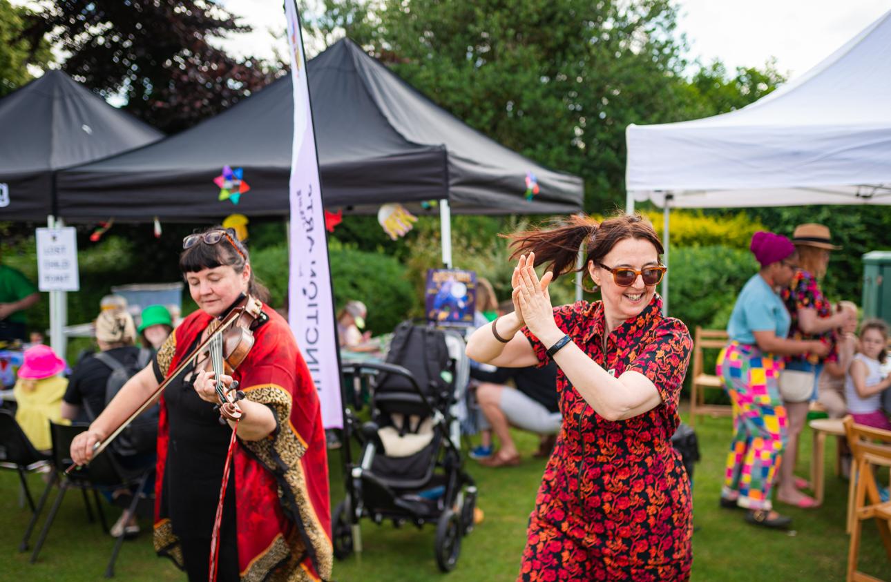 Pyn and Anna performing as part of the promenade piece at Chesterfield's Children's Festival